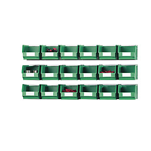 Einhängeschienen-Set mit Sichtlagerkästen, 3 Schienen, 18 Kästen, grün.