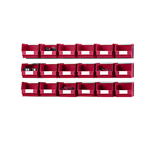 Einhängeschienen-Set mit Sichtlagerkästen, 3 Schienen, 18 Kästen, rot.