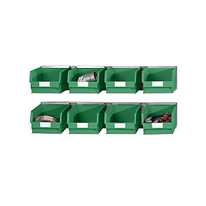 Einhängeschienen-Set mit Sichtlagerkästen, 2 Schienen, 8 Kästen, grün.