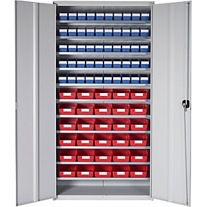 Magazinschrank, HxBxT 1970 x 1000 x 450 mm, mit Regalkästen, 50 Kästen blau, 30 Kästen rot.