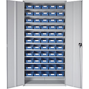 Magazinschrank, HxBxT 1970 x 1000 x 450 mm, mit Regalkästen, 55 Kästen blau.