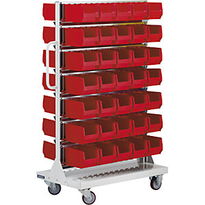 Fahrregal mit Sichtlagerkästen, doppelseitig, HxBxT 1450 x 855 x 540 mm, mit 70 Kästen.