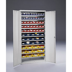Magazinschrank, HxBxT 1970 x 1000 x 450 mm, mit Regalkästen, 71 Kästen verschiedenfarbig.