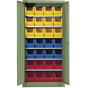 Magazinschrank, einfarbig, mit 28 Sichtlagerkästen, 6 Fachböden, grün.