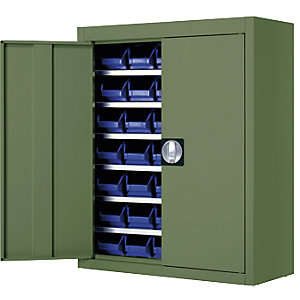 Magazinschrank mit Sichtlagerkästen, HxBxT 820 x 680 x 280 mm, einfarbig, grün, 42 Kästen.