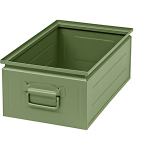 Stapelkasten aus Stahlblech, Volumen ca. 30 l, resedagrün RAL 6011.