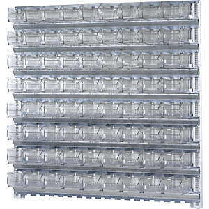 Wandregalsystem mit Sichtlagerkästen, 8 Schienen, 72 Kästen, HxB 1000 x 1010 mm.