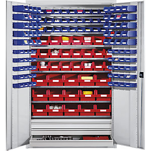 Großraumschrank aus Stahlblech, mit 9 Fachböden, 152 Sichtlagerkästen und 3 Schubladen, Korpus- und Türfarbe Lichtgrau.