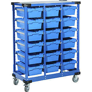 Transport- und Aufbewahrungswagen, Gestell silber, Boxen blau, Außenhöhe 1505 mm, 18 Boxen.