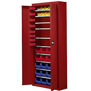 Magazinschrank mit Sichtlagerkästen, HxBxT 1740 x 680 x 280 mm, 48 Kästen, einfarbig, feuerrot.