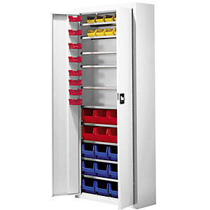 Magazinschrank mit Sichtlagerkästen, HxBxT 1740 x 680 x 280 mm, 48 Kästen, einfarbig, lichtgrau.