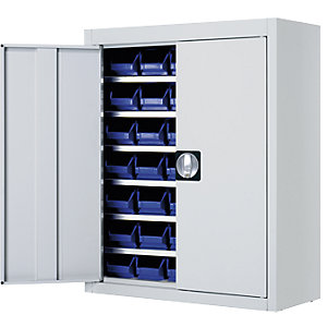 Magazinschrank mit Sichtlagerkästen, HxBxT 820 x 680 x 280 mm, einfarbig, grau, 42 Kästen.