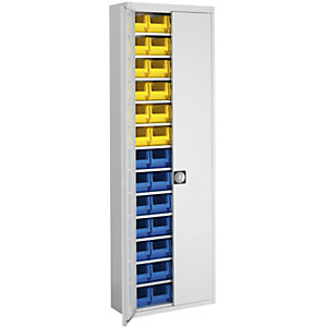 Magazinschrank mit Sichtlagerkästen, HxBxT 2150 x 680 x 280 mm, einfarbig, grau, 52 Kästen.