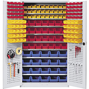 Großraumschrank, 10 Fachböden, 158 Sichtlagerkästen, lichtgrau RAL 7035.