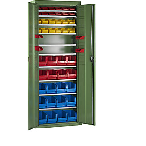 Magazinschrank mit Sichtlagerkästen, HxBxT 1740 x 680 x 280 mm, 48 Kästen, einfarbig, resedagrün.