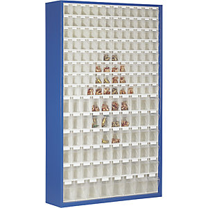Magazinschrank aus Stahlblech, mit 154 transparenten Klappkästen, enzianblau.