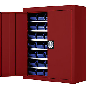 Magazinschrank mit Sichtlagerkästen, HxBxT 820 x 680 x 280 mm, einfarbig, rot, 42 Kästen.