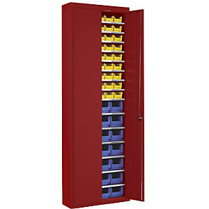 Magazinschrank mit Sichtlagerkästen, HxBxT 2150 x 680 x 280 mm, einfarbig, rot, 82 Kästen.