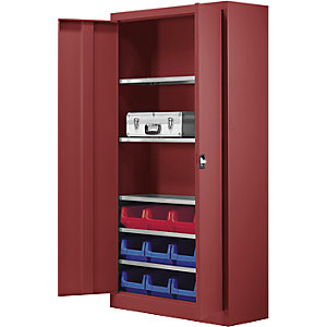 Magazinschrank, einfarbig, mit 12 Sichtlagerkästen, 5 Fachböden, rot.