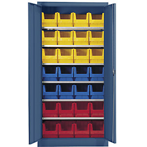 Magazinschrank, einfarbig, mit 28 Sichtlagerkästen, 6 Fachböden, blau.