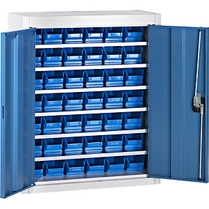 Magazinschrank mit Sichtlagerkästen, HxBxT 820 x 680 x 280 mm, zweifarbig, Korpus grau, Türen blau, 42 Kästen.