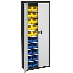 Magazinschrank mit Sichtlagerkästen, HxBxT 1740 x 680 x 280 mm, zweifarbig, Korpus schwarz, Türen grau, 40 Kästen.