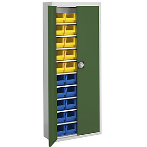 Magazinschrank mit Sichtlagerkästen, HxBxT 1740 x 680 x 280 mm, zweifarbig, Korpus grau, Türen grün, 40 Kästen.