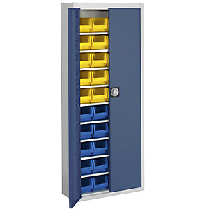 Magazinschrank mit Sichtlagerkästen, HxBxT 1740 x 680 x 280 mm, zweifarbig, Korpus grau, Türen blau, 40 Kästen.