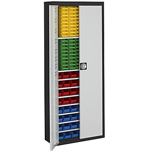 Magazinschrank mit Sichtlagerkästen, HxBxT 1740 x 680 x 280 mm, zweifarbig, Korpus schwarz, Türen grau, 138 Kästen.