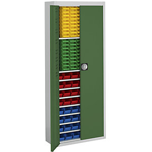 Magazinschrank mit Sichtlagerkästen, HxBxT 1740 x 680 x 280 mm, zweifarbig, Korpus grau, Türen grün, 138 Kästen.