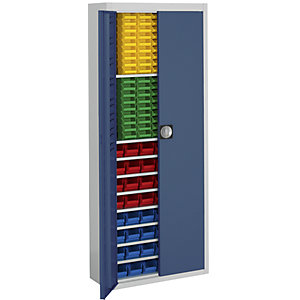 Magazinschrank mit Sichtlagerkästen, HxBxT 1740 x 680 x 280 mm, zweifarbig, Korpus grau, Türen blau, 138 Kästen.