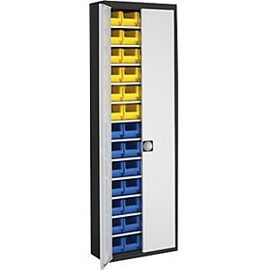 Magazinschrank mit Sichtlagerkästen, HxBxT 2150 x 680 x 280 mm, zweifarbig, Korpus schwarz, Türen grau, 52 Kästen.