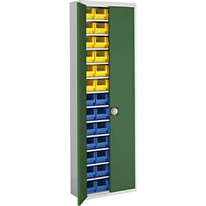 Magazinschrank mit Sichtlagerkästen, HxBxT 2150 x 680 x 280 mm, zweifarbig, Korpus grau, Türen grün, 52 Kästen.