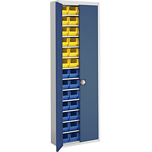 Magazinschrank mit Sichtlagerkästen, HxBxT 2150 x 680 x 280 mm, zweifarbig, Korpus grau, Türen blau, 52 Kästen.