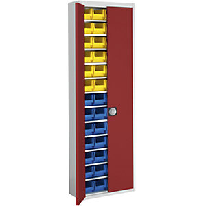Magazinschrank mit Sichtlagerkästen, HxBxT 2150 x 680 x 280 mm, zweifarbig, Korpus grau, Türen rot, 52 Kästen.