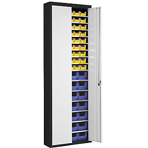 Magazinschrank mit Sichtlagerkästen, HxBxT 2150 x 680 x 280 mm, zweifarbig, Korpus schwarz, Türen grau, 82 Kästen.