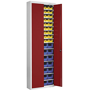 Magazinschrank mit Sichtlagerkästen, HxBxT 2150 x 680 x 280 mm, zweifarbig, Korpus grau, Türen rot, 82 Kästen.