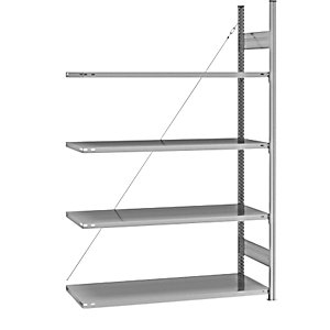 Fachboden-Steckregal, verzinkt, einseitig, Regalhöhe 2000 mm, Fachbodenbreite 1215 mm, Anbauregal, Fachbodentiefe 550 mm.