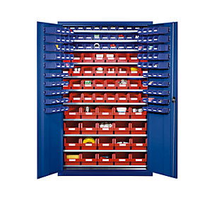 Großraumschrank aus Stahlblech, mit 10 Fachböden, 165 Sichtlagerkästen, Korpus- und Türfarbe Enzianblau.