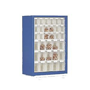 Klappkasten-Hängeschrank, HxBxT 910 x 665 x 250 mm, mit 33 Kästen, Gehäuse enzianblau.
