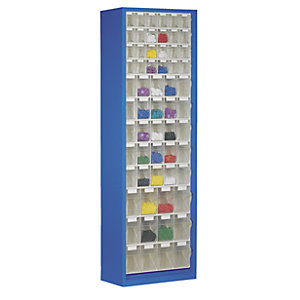 Magazinschrank aus Stahlblech, mit 61 transparenten Klappkästen, enzianblau.