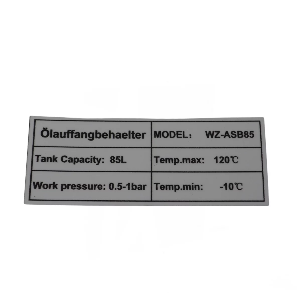Typenschild am Öltank für Ölauffangbehälter 85 Liter